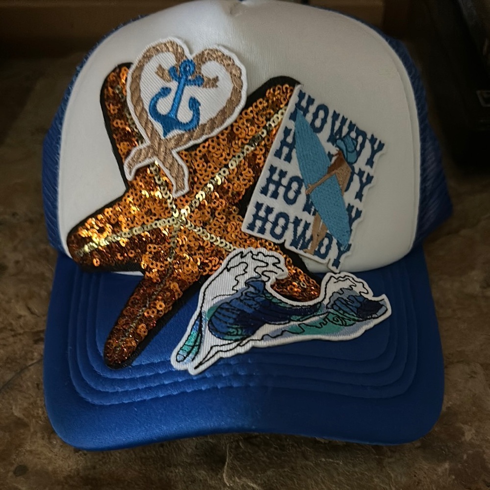 Blue and White Trucker Hat with Starfish and Nautical Patches